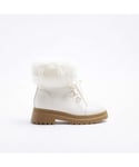 River Island Girls Hiker Boots Cream Faux Fur Trim Pu - Size UK 2
