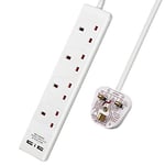 ExtraStar 4 Way Extension Lead with 2 USB Slots, 13A UK Plug Extension, Wall Mounted Power Strips with 5M/16.4FT Extension Cable - White