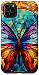Coque pour iPhone 11 Pro Max Papillon bleu et jaune en verre teinté portrait insecte art