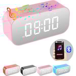 Väckarklocka för sovrum, liten digital klocka med Bluetooth-högtalare, skrivbords klocka med dubbla alarm, snooze, spegel LED-display för flickor, vuxna.