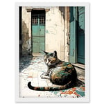 Street Cat Sunbathing on Cobblestone Street Modern Illustration Artwork Framed Wall Art Print A4