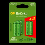 GP ReCyko AAA batteri, 950mAh, 4+2-pak