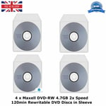 4 x Maxell DVD-RW Storage 4.7GB 2x Speed 120min Re-Writable DVD Discs in Sleeve