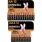Duracell - Piles alcalines AA Plus, 1.5 V LR6 MN1500, Paquet de 12 & Piles alcalines AAA Plus, 1.5 V LR03 MN2400, Paquet de 12