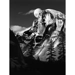 Moonrise Behind Half Dome High Contrast Black White Photograph Yosemite National Park Full Moon and Mountain Forest Landscape Unframed Wall Art Print