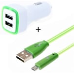 Pack Chargeur Voiture Pour Iphone 11 Pro Max Lightning (Cable Smiley + Double Adaptateur Led Allume Cigare) Apple - Vert