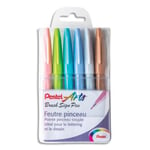 Pentel Pochette Pastel de 6 Feutres pinceau Brush Sign Pen - Pointe souple résistante, Encre aquarellable