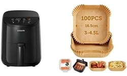COSORI Small Air Fryer, Simple Touch-control and Led Display Screen, 900W, Energy-saving & COSORI Air Fryer Liners, 100 PCS Unbleached Non-Stick Square Disposable Airfryer Paper Liner