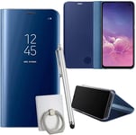 Coque Pour Samsung Galaxy S10e Smartphone Clear View Case Placage Miroir Effet Coque À Rabat Pu Cuir Anti Choc Housse Avec Fonction De Support - Bleu
