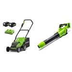 Greenworks 2x24V 36cm Battery Lawnmower G24X2LM36K4x with 2x4Ah Battery and Dual Slot Charger & 2x24V Axial Leaf Blower GD24X2AB Tool Only