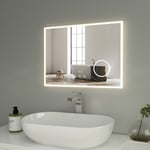 Miroir de salle de bain avec éclairage Miroir de salle de bain led 80x60cm Interrupteur Tactile, Anti-buée, Horloge, Loupe 3X Lumière Blanche
