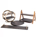 Slate Serveware Set with Geometric Serving Stand, 2-Tier Slate & Wood Stand, Platter with Brass Handles and Turntable