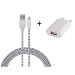 Pack Chargeur pour Manette Playstation 4 PS4 Smartphone Micro USB (Cable Tresse 3m Chargeur + Prise Secteur USB) Murale Android (BLANC) - Neuf