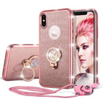 UEEBAI Case For iPhone XR, Bling Glitter Case Shining Diamond Soft TPU Cover 360 Degree Rotatable Colorful Rhinestones Ring Holder Kickstand Ultra Slim Shockproof Back Cover for iPhone XR - Rose Gold