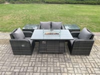 Rattan Outdoor Garden Furniture Set Gas Fire Pit Dining Table with 2 Side Tables Chair Loveseat Sofa