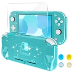 HEYSTOP Case Compatible with Nintendo Switch Lite, Protective Case PC Cover Compatible with Switch Lite with Tempered Glass Screen Protector and Thumb Stick Caps, Turquoise Glitter