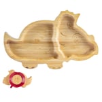 Tiny Dining Children's Bamboo Dinosaur Plate with Suction Cup - Segmented Design, Eco-friendly - 28cm - Red