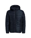 Jack & Jones Mens Hooded Puffer Jacket, Full Zip, Long Sleeve - Black Nylon - Size Large