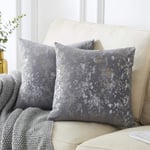 OMMATO Velvet Grey Cushion Covers 40cm x 40cm Square Silver Gold Print Decorative Throw Pillowcases 16 x 16 inch for Sofa Bedroom Living Room Pack of 2