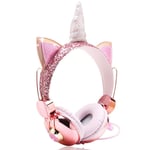 FLOKYU Unicorn Kids Headphones for Girls Children Sparkly Unicorn Headband 85dB over Ear Anime Wired Headphones with Microphone for School/Christmas/Parties (Pink-Unicorn)