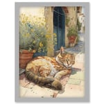Cat Sunbathing in Mediterranean Village Street Watercolour Illustration Artwork Framed Wall Art Print A4