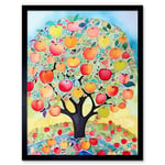 Apple Tree Fruit Harvest Day Folk Art Bright Watercolour Painting Art Print Framed Poster Wall Decor 12x16 inch