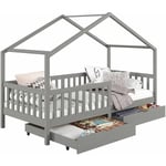 Lit cabane elea lit enfant simple montessori 90 x 200 cm, avec 2 tiroirs de rangement, en pin massif lasuré gris - Gris