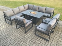 Aluminum Outdoor Garden Furniture Corner Sofa 3 PC Chairs Gas Fire Pit Dining Table Sets Gas Heater Burner Dark Grey 10 Seater