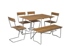 Grythyttan Stålmöbler B25 matgrupp Teak/galvat 4 stolar, bänk 110 cm & bord 120 x 70 cm