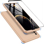 JOYTAG Compatible For Samsung A51 4G case, Tempered glass film 360 degrees ultra thin Matte All-inclusive Protection 3 in 1 PC Phone case cover-Gold