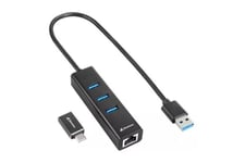 Sharkoon 3-Port USB 3.2 Gen 1 - hub - 3 porte - Alu Hub + RJ45 Ethernet Adapter black