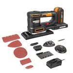 WORX WX820 Cordless Multi Sander, Power Share, 5in1 Orbital, Finishing, Detail, Contour and Finger Sander, Variable Speed, 5X Sanding Pads, 15x Sanding Paper, 1x 2Ah Battery Included, 18V (20V Max)