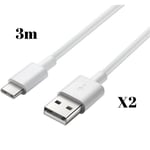 Lot 2 Cables pour SONY XPERIA 10 / 10 PLUS / XZ3 / XZ2 / XZ2 COMPACT / XZ1 / XZ PREMIUM / X COMPACT / XA1 / XA1 ULTRA / XA2 / XA2 ULTRA / L3 / L2 / L1 - Cable Chargeur USB-C 3 Metres [Phonillico]