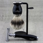 3 Pc Wet Shaving Kit Brush, Razor & Stand - Men's Grooming Luxury Black Gift Set