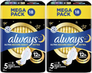 36 x Always Ultra Sanitary Towels (Size 5) Pads, Secure Night Extra with Wings