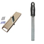 Benriner BN-1 Japanese Handheld Mandolin Slicer with Three Interchangeable Stainless-Steel Blades-Ivory, Off-White & Microplane Zester Grater in Black for Citrus Fruits