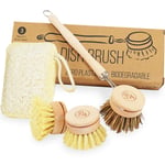 Eco Washing Up Brushes & Eco Sponge Set - Eco Friendly Cleaning Products - Low-Waste Wooden Dish Brush - 3 Replacement Heads for Plastic Free Washing Up - Eco Friendly Gifts - Agile Home and Garden