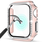 youmaofa Screen Protector Compatible with Apple Watch Series SE/6/5/4, Hard PC Case Built-in HD Tempered Glass Diamond Bling Ultra-Thin All-around Protective Case Cover for iWatch 40mm - Pink/Silver