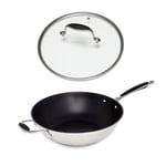 Lot wok inox antiadhérent et couvercle verre 30 cm Excell'Inox Mathon