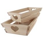 Nest of 2 Wooden Basket Tray Display Hamper Platter Fruits Bread Dish Crate | Heart Cut-out Handle Holes | Unpainted & Unfinished Pinewood