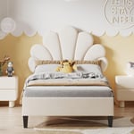 Lit simple 90x200cm, tissu velours, avec Tête de lit forme de fleur, sommier à lattes, lit enfant capitonné, style Scandinave - Beige - Beige
