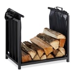 Relaxdays - Support bois de cheminée Sac pour bûches, intérieur, design moderne, Etagère, acier, HlP 50x51x37cm, noir