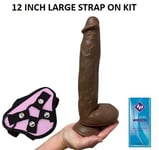 Dildo BIG GIRTHY 12 Inch Realistic Brown Suction Cup STRAP-ON KIT Pink Harness
