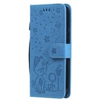 iPhone 15 Flip Deksel i Skinn med Lommebok og Stropp - Kattegravering - Blå