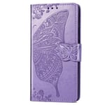 Samsung Galaxy A21S Case, Flip Soft PU Leather Embossed Butterfly Flower Wallet Phone Case Shockproof TPU Bumper with Card Holder Magnetic Stand Folio Protective Cover for Samsung A21S, Light Purple