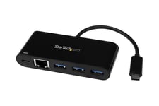 StarTech.com 3-ports USB-C-hubb med Gigabit Ethernet och 60 W strömförsörjning Pass-through laddning av bärbar dator - USB-C till 3x USB-A (USB 3.0 SuperSpeed 5 Gbps) - USB 3.1/3.2 Gen 1 Type-C adapterhubb - hubb - 3 portar