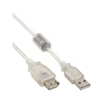 USB 2.0 Extension, Plug / Socket, Type A, Transparent, With Ferrite Core, 2m