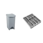 Addis Eco Made from 100 Percent Plastic Family Kitchen Pedal Bin, 519000ADF, Recycled Light Grey, 40 Litre & Premium Soft touch 6 Compartment Cutlery Drawer Organiser Tray, White and Grey 6 Sections