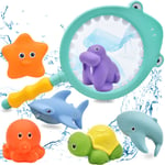 Miotlsy Fishing Bath Toy Baby Swimming Pool Toy Baby Bath Toys Squirt Water Toy for Bathtub Pool, with Fishing Net(Shark Net,Starfish,Dolphin,Turtle,Octopus,Shark,sea lions