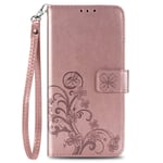 Huawei Honor 9A Phone Case, Shockproof Flip Lucky Clover New PU Leather Wallet Cover with Soft TPU Bumper Card Holder Stand Wrist Strap Folio Magnetic Protective Case for Huawei Honor 9A, Rose Gold